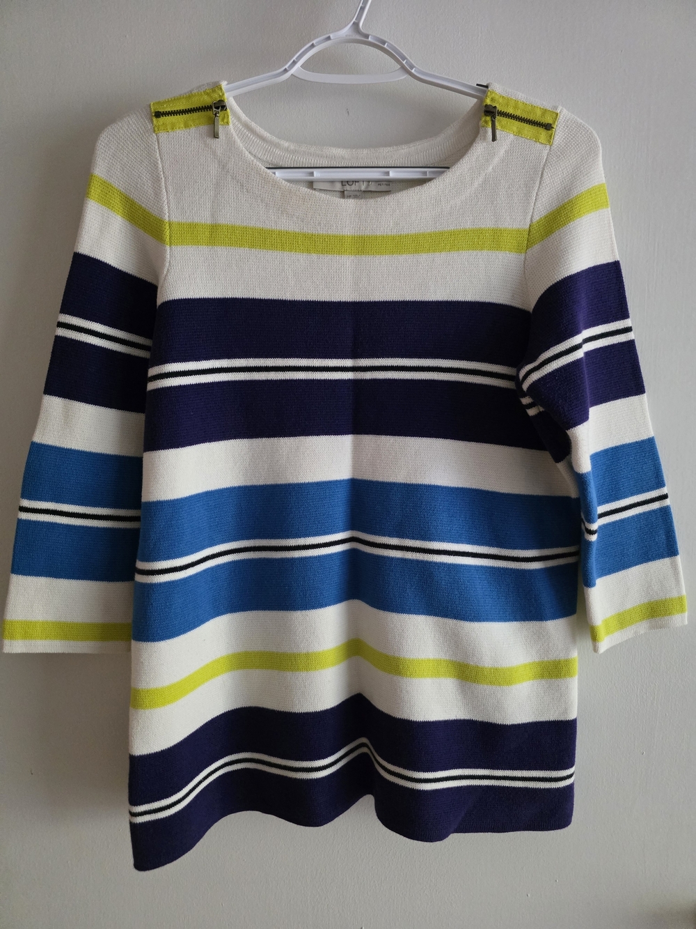Striped Crewneck Sweater in White, Navy & Blue LOFT Cotton Size MP